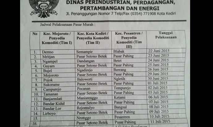 Jadwal operasi pasar murah di beberapa kelurahan di Kota Kediri. (foto: arif kurniawan/BANGSAONLINE)