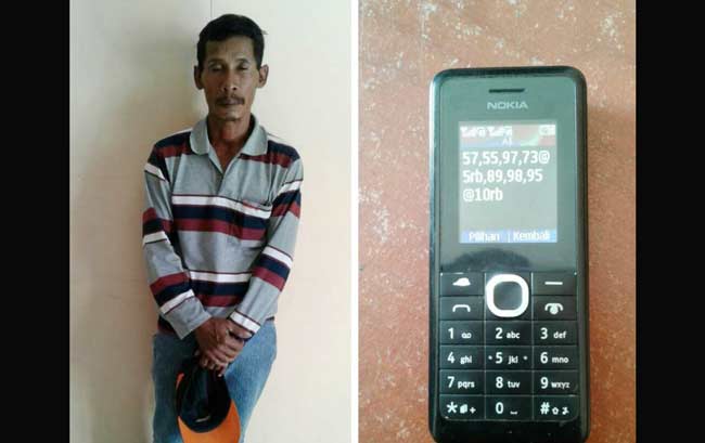 Tersangka pengecer togel dan barang bukti.