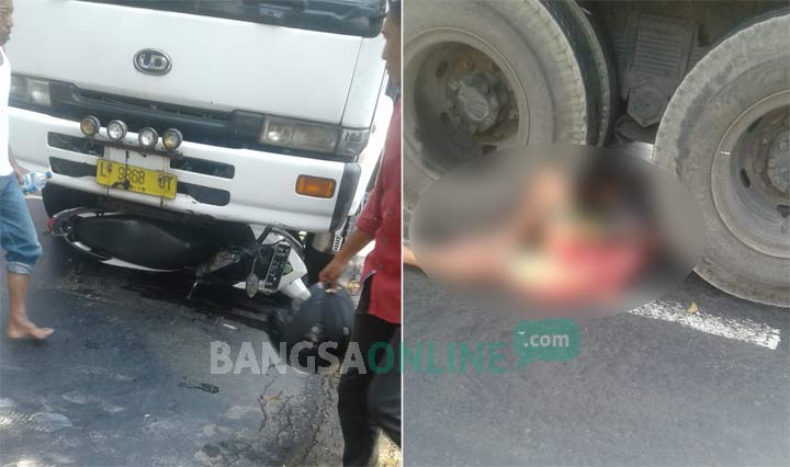 Kondisi motor dan korban yang terlindas truk kontainer. foto: SOFFAN/ BANGSAONLINE