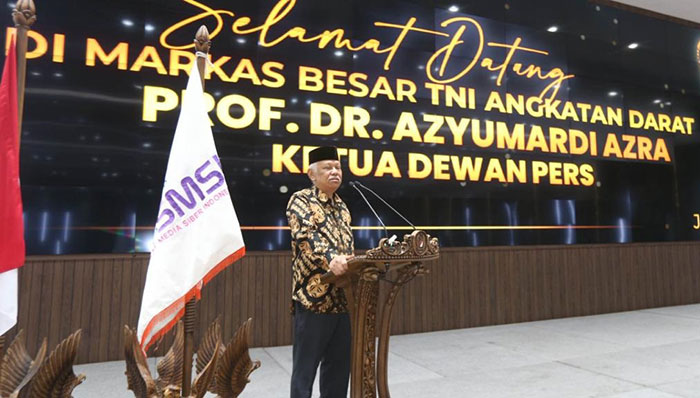 Ketua Dewan Pers, Prof Dr Azyumardi Azra, saat menghadiri Rapimnas SMSI di Markas Besar Angkatan Darat RI, Jalan Juanda, Jakarta. Foto: Ist
