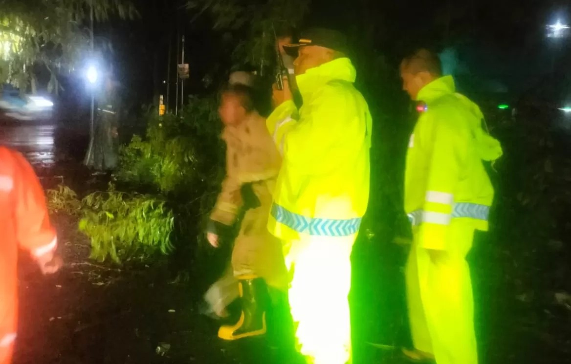Anggota Polsek Babat saat tiba di salah satu lokasi pohon tumbang