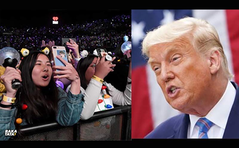Ilustrasi ARMY saat menonton konser BTS. Foto kanan, mantan Presiden Amerika Serikat Donald Trump.