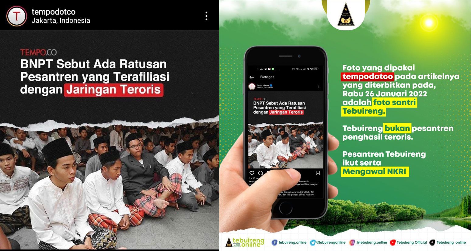 Postingan akun Instagram tempo.co pada 25 Januari lalu yang menampilkan santri Pondok Pesantren Tebuireng. Foto kanan, tanggapan Pondok Pesantren Tebuireng melalui akun instagram, terkait postingan tempo.