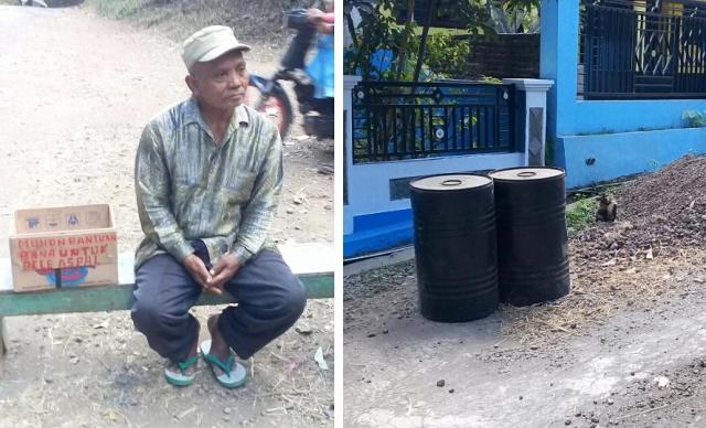Ketua RT 02 Lingkungan Wangkal, Abdullah  saat bertugas minta  sumbangan dari pengguna jalan. Drum aspal dan pasir hasil dari sumbangan swadaya masyarakat. foto: GANDA SISWANTO/ BANGSAONLINE