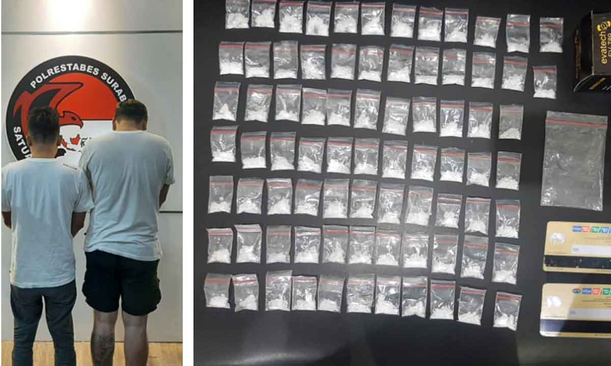Pelaku dan barang bukti saat diamankan petugas dari Satresnarkoba Polrestabes Surabaya.