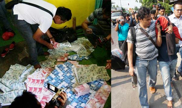 Polisi saat memeriksa barang bukti, dan tersangka saat digelandang dari kontrakan. foto: rony suhartomo/ BANGSAONLINE
