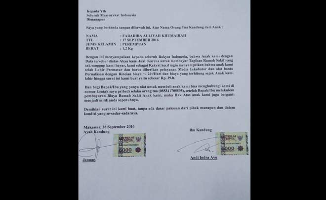 Surat yang ditulis Januar di atas materai