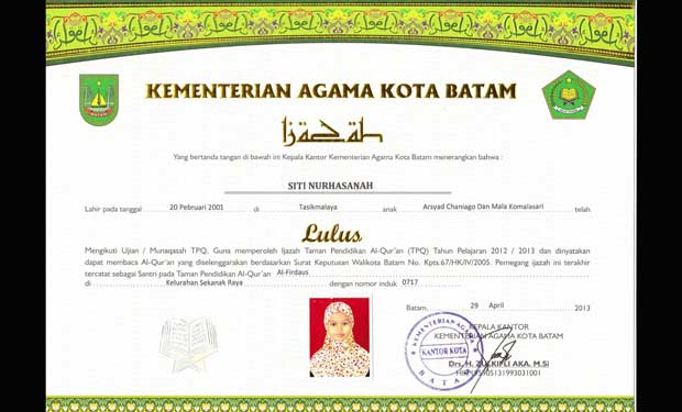 Contoh ijazah munaqasah TPQ. foto: ilustrasi/tpq-alfirdaus