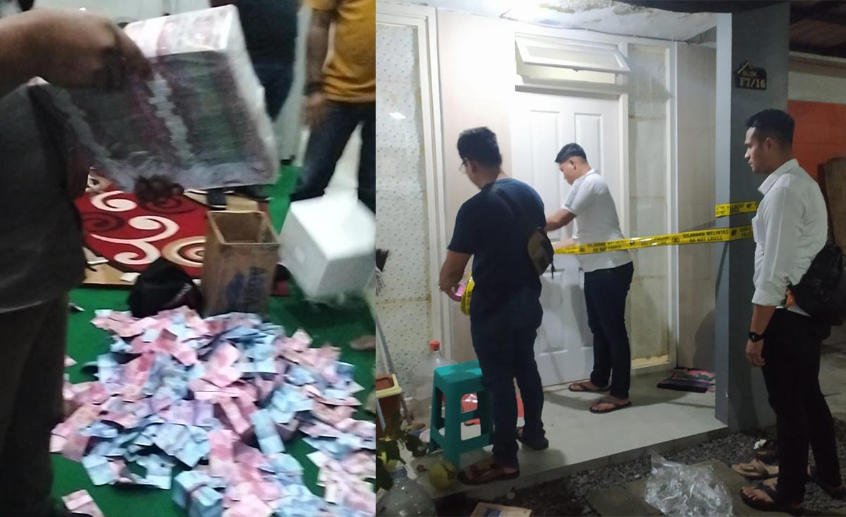 Tim Unit Pidek Satreskrim Polres Gresik saat memasang police line dan menyita uang palsu di rumah pelaku dukun gadungan pengganda uang. Foto: SYUHUD/ BANGSAONLINE