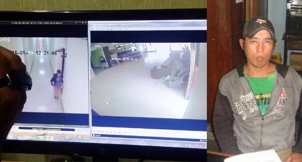 Pelaku terlihat dalam rekaman kamera CCTV saat keluar dari ruangan kabag kesra dan saat keluar di loby pemkab (kiri). Dan foto pelaku saat di Dinsos Situbondo. foto: hadi/ BANGSAONLINE