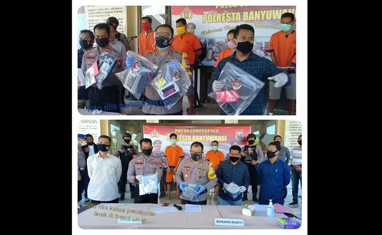 Kapolresta Banyuwangi, Kombes Arman Asmara Syarifudin saat menunjukan barang bukti kasus pencabulan dan pencurian hp.
