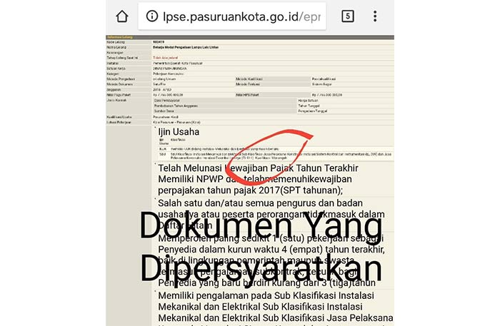 Syarat-syarat lelang pengadaan lampu lalu lintas di situs LPSE Kota Pasuruan.
