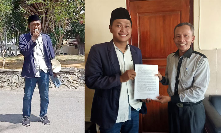Mulyadi Izhaq saat melakukan aksi tunggal di kampus IAIN Madura dan menyerahkan tuntutan kepada Rektor IAIN Madura Mohammad Kosim.
