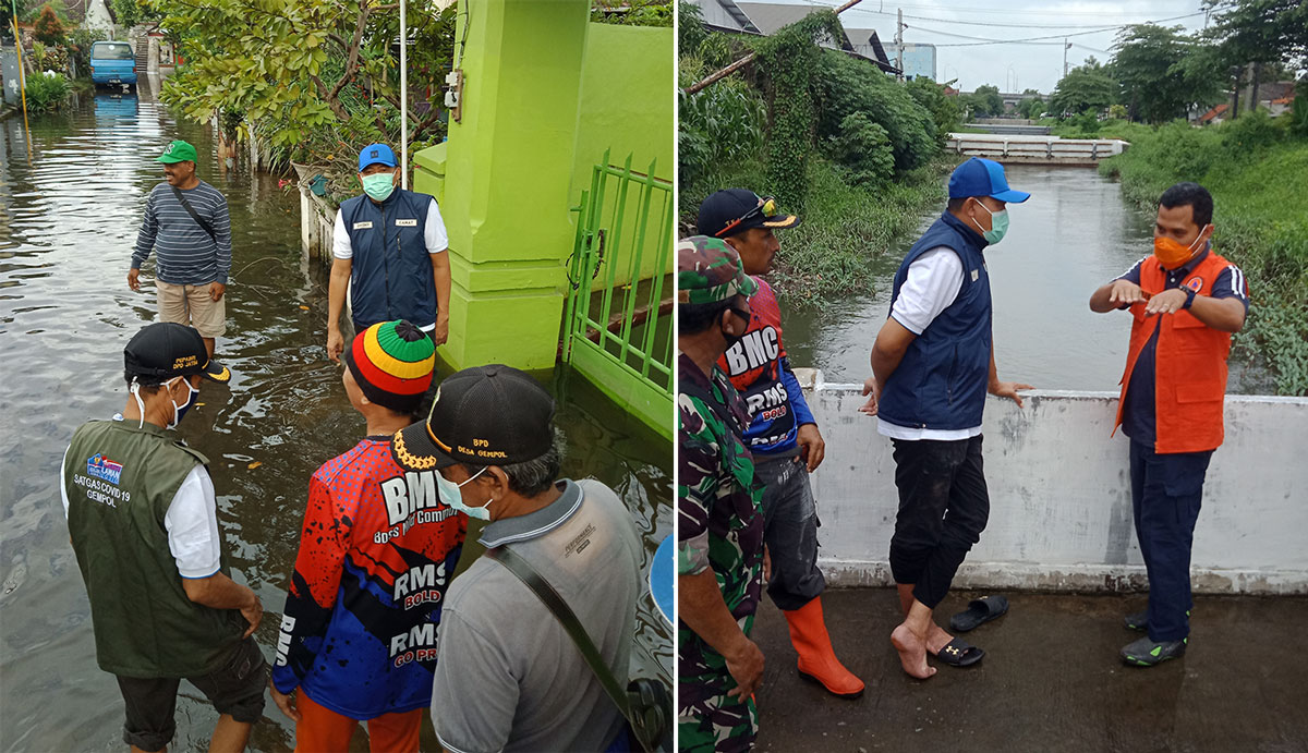 Camat Gempol Abdul Ghoni bersama Kepala BPBD Haris saat meninjau Sungai Kebonsari.