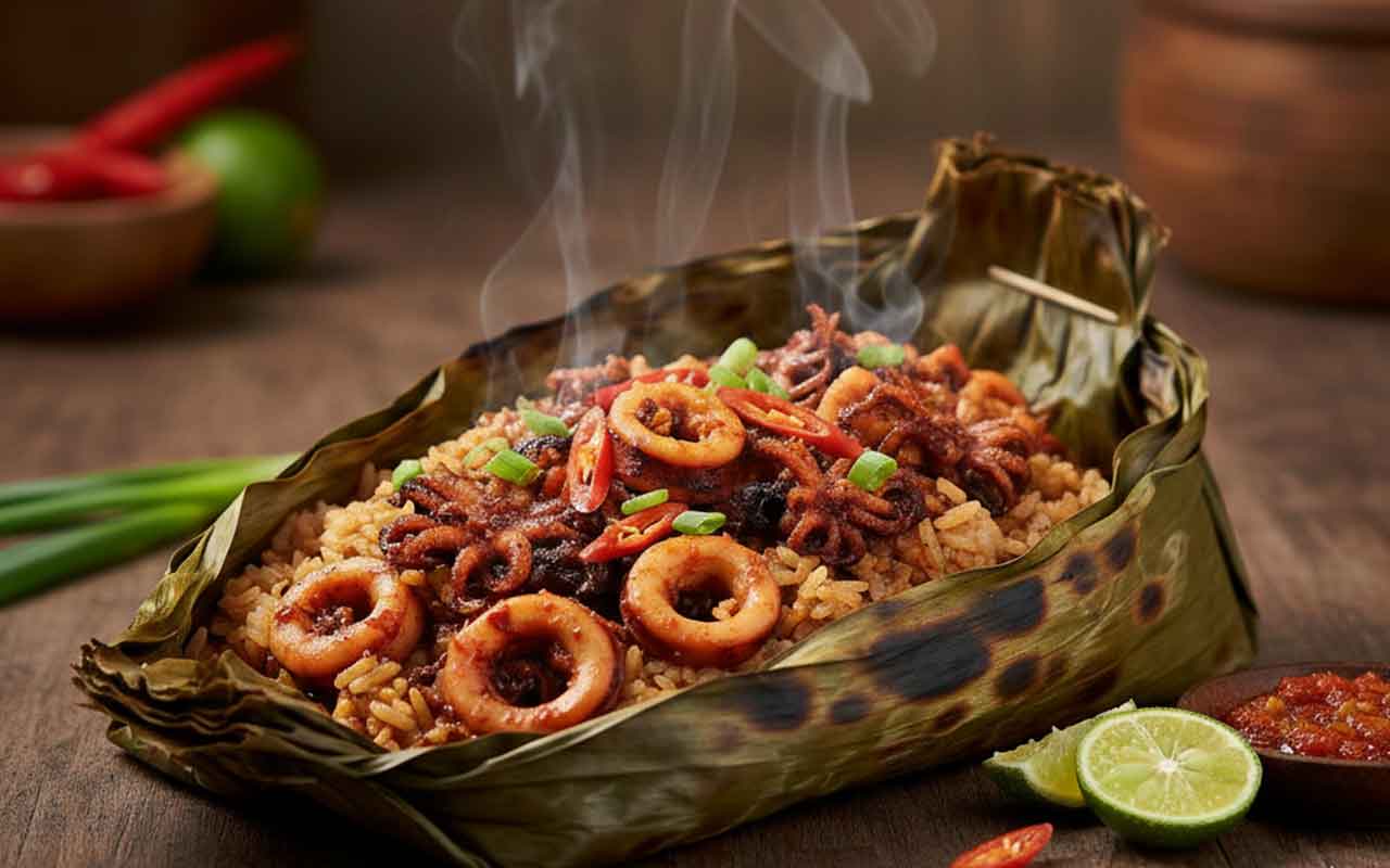 Nasi Bakar Cumi Pedas.