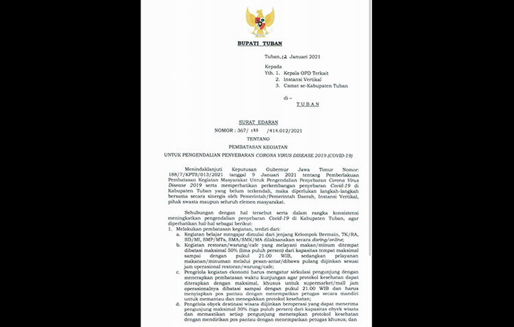 Pemkab Tuban Kembali Berlakukan Jam Malam