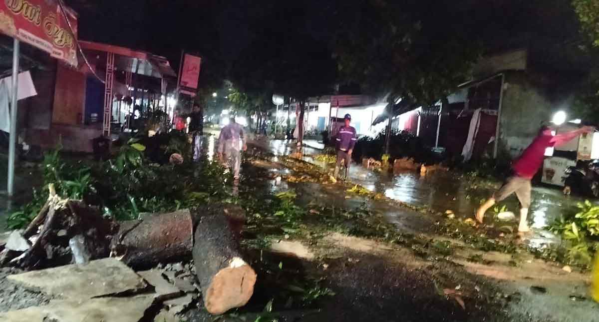Petugas gabungan dibantu masyarakat saat membersihkan pohon yang menutup jalan. Foto: Ist