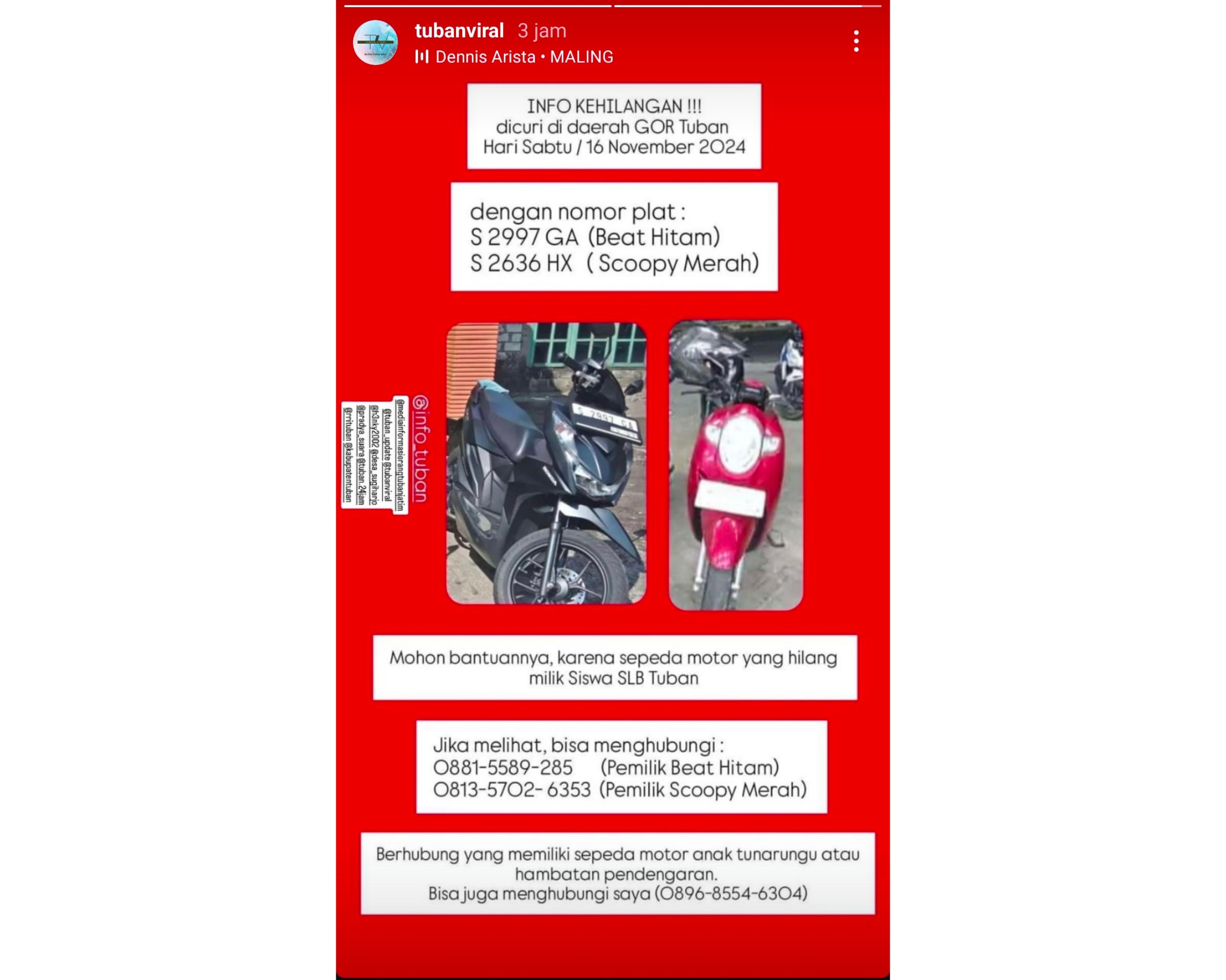 Dua motor raib digondol maling baru-baru ini saat terparkir di GOR Rangga Jaya Anoraga Tuban, viral di media sosial