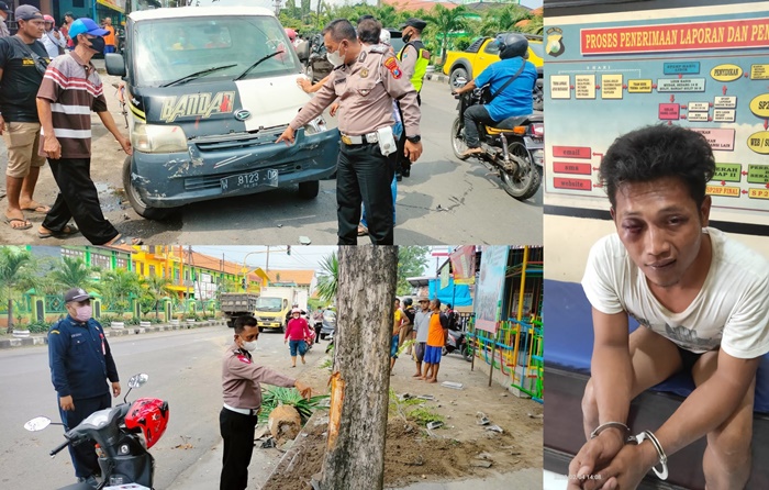 Petugas sedang menunjukkan mobil pikap (atas) dan bekas tabrakan (bawah), serta pelaku Junaidi (kanan)