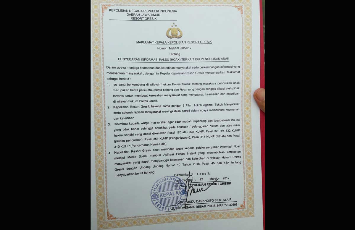 Ini 4 Maklumat Kapolres Gresik Soal Isu Penculikan Anak