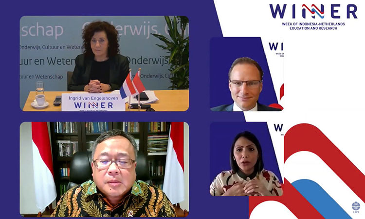 Pembukaan Winner 2020 secara daring, dihadiri oleh Bambang Brodjonegoro Menteri Riset dan Teknologi/Kepala Koordinator Badan Riset dan Inovasi dan Ingrid van Engelshoven Menteri Pendidikan, Kebudayaan dan Ilmu Pengetahuan Belanda. (foto: ist)