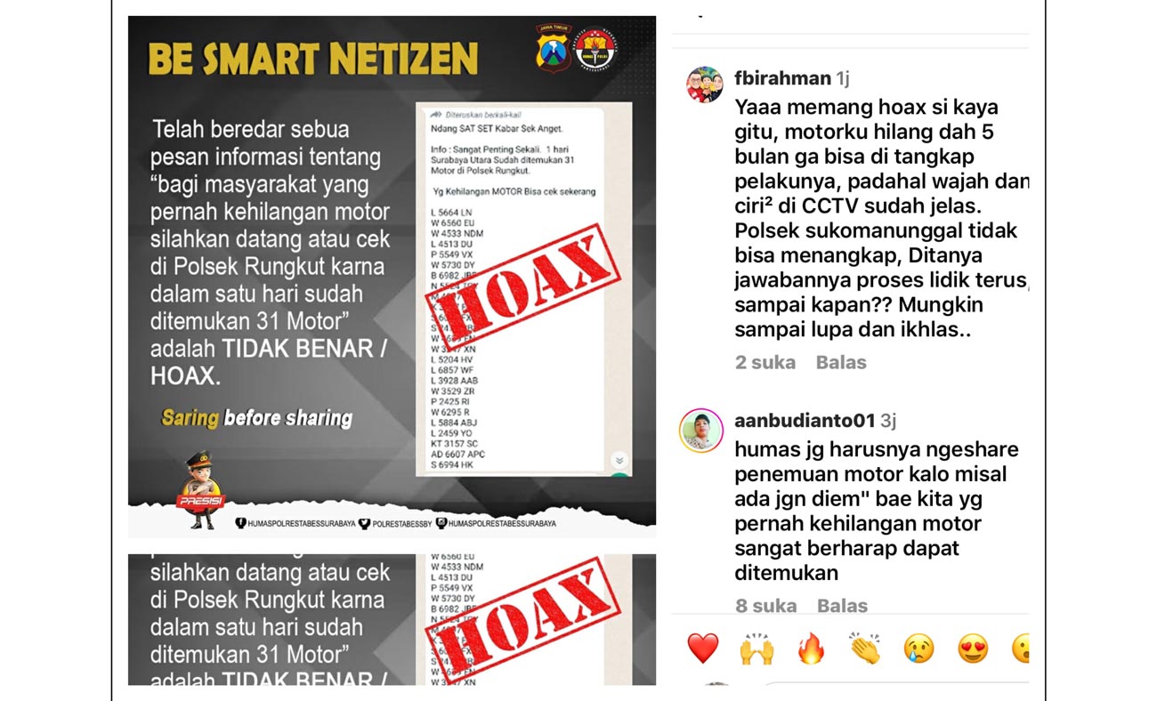 Postingan instagram @humaspolrestabessurabaya yang menyatakan informasi penemuan 31 motor adalah hoax.