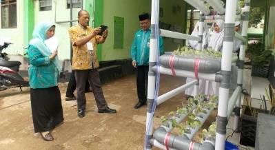 Tanaman hidroponik yang diterapkan MAN Tuban saat dikunjungi tim penilai serta didampingi para guru. foto: Suwandi/BangsaOnline.com