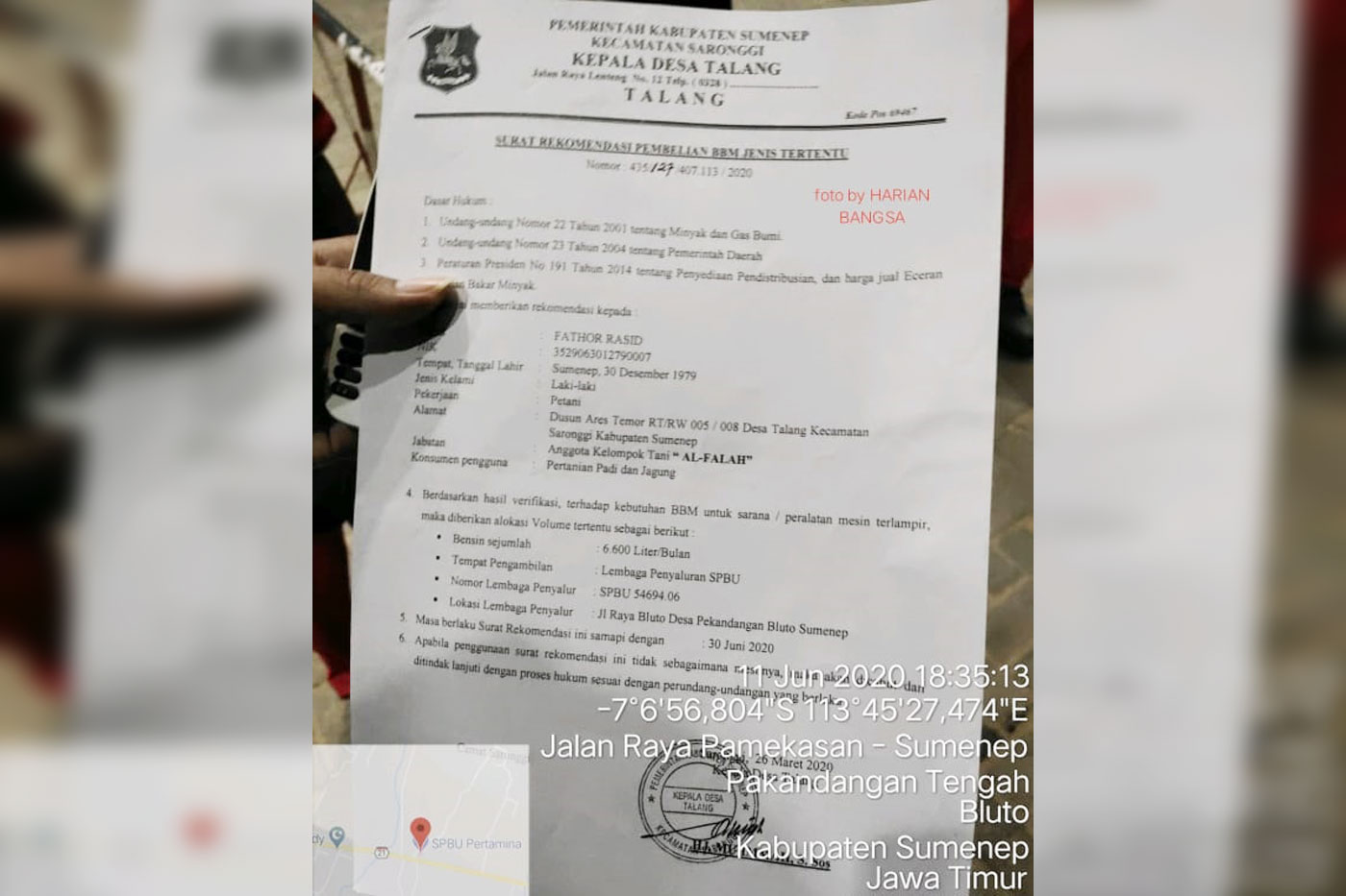 Rekom pembelian BBM premium yang ditujukan ke SPBU Pakandangan.