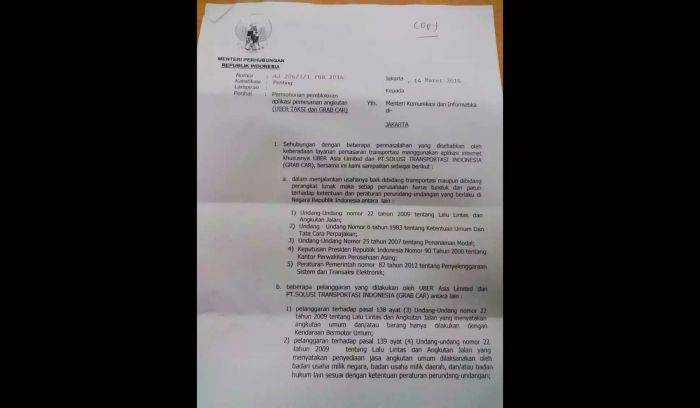 Surat Kemenhub RI kepada Kominfo tentang permintaan pencabutan angkutan umum beraplikasi online di Jakarta.