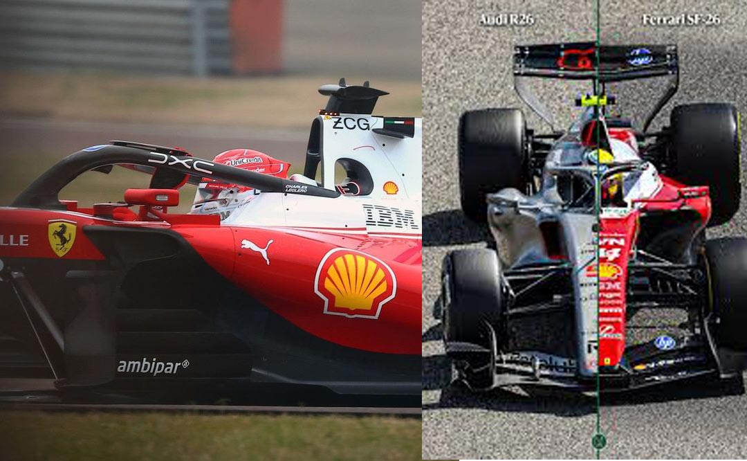 Tampilan sisi kiri mobil Ferrari SF-26. Foto kanan, perbandingan mobil Audi R26 dengan Ferrari SF-26.