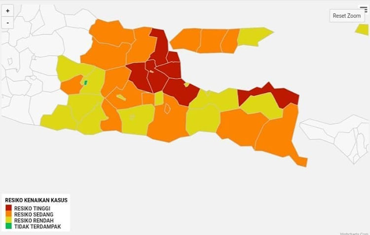 Peta data sebaran Covid-19 Jawa Timur.