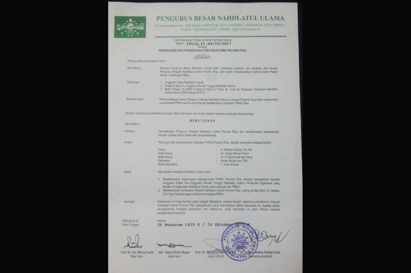 Lagi, PBNU Bekukan PWNU, Kali Ini PWNU Riau Dicaretaker