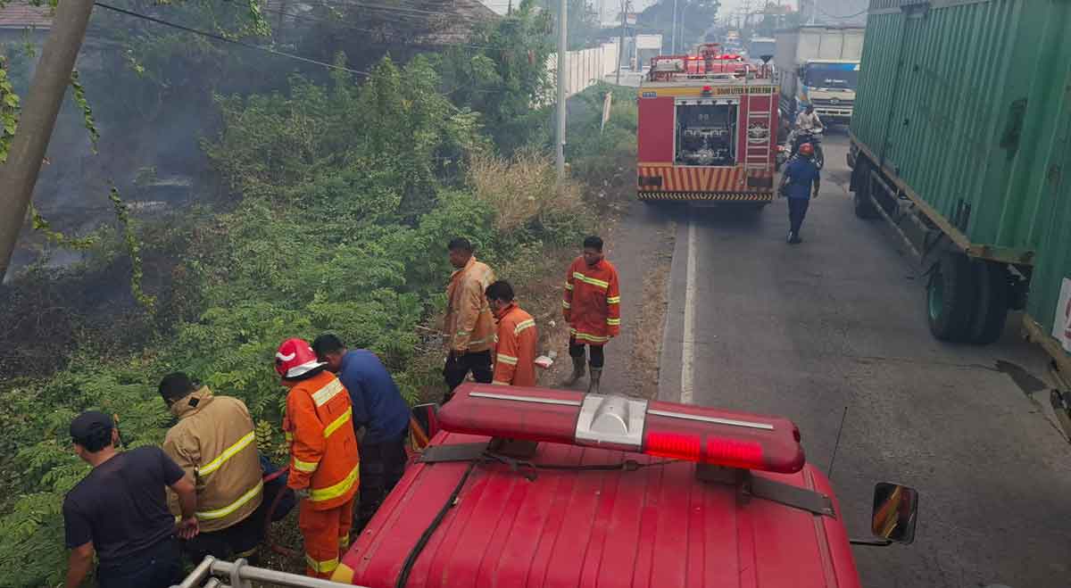 Tim Damkar Gresik saat memadamkan kebakaran rumput ilalang di lahan kosong. Foto: Ist