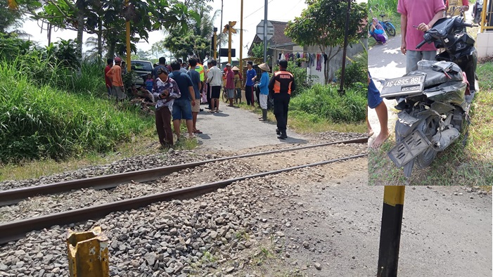 TKP jalan umum perlintasan kereta api tanpa palang pintu Dusun Pojok, Desa Pojok, Kecamatan Garum, Kabupaten Blitar. Inset: Kondisi sepeda motor korban usai terserempet KA Penataran.