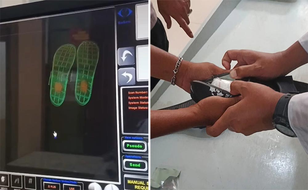 Petugas membongkar sandal yang dibawa pengunjung untuk napi lantaran mencurigakan usai dipindai oleh mesin x-ray.