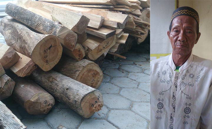 Darmo Suwito beserta barang bukti kayu jati diamankan di Mapolsek Pitu. foto: ZAINAL ABIDIN/ BANGSAONLINE