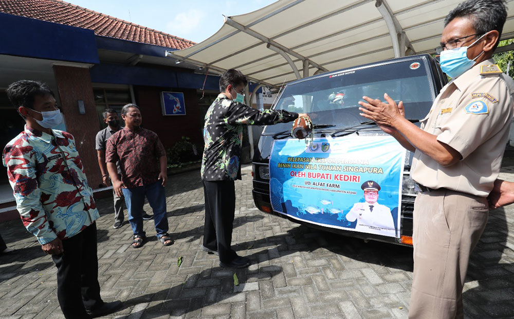 Sekda Dede Sujana saat melepas ekspor bibit ikan nila ke Singapura. Foto: Ist.