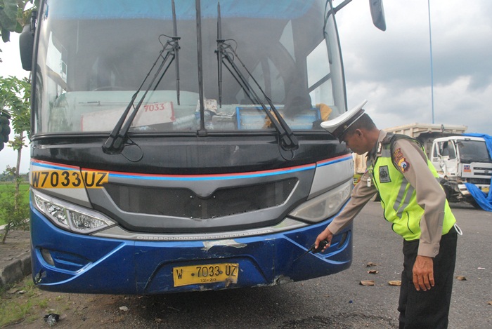 Petugas menunjukkan sudut bus bekas tabrakan. 