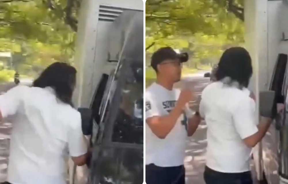 Tangkapan layar perseteruan seorang pria diduga anggota Intel Polrestabes Surabaya yang diduga menghalangi pemeriksaan mobil boks.