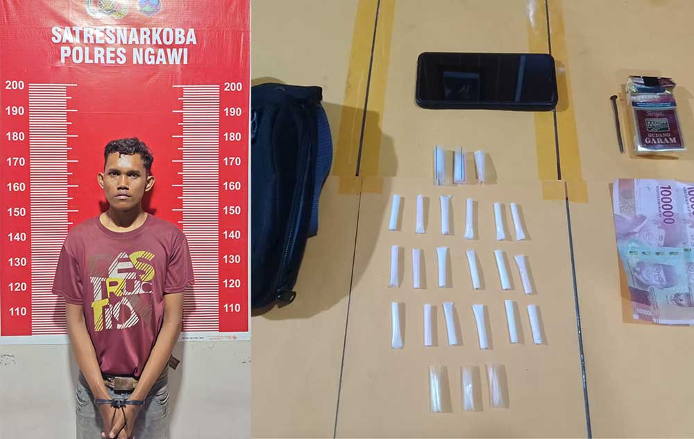 Tersangka saat diamankan di Mapolres Ngawi. Foto kanan, barang bukti berupa paket sabu siap edar.