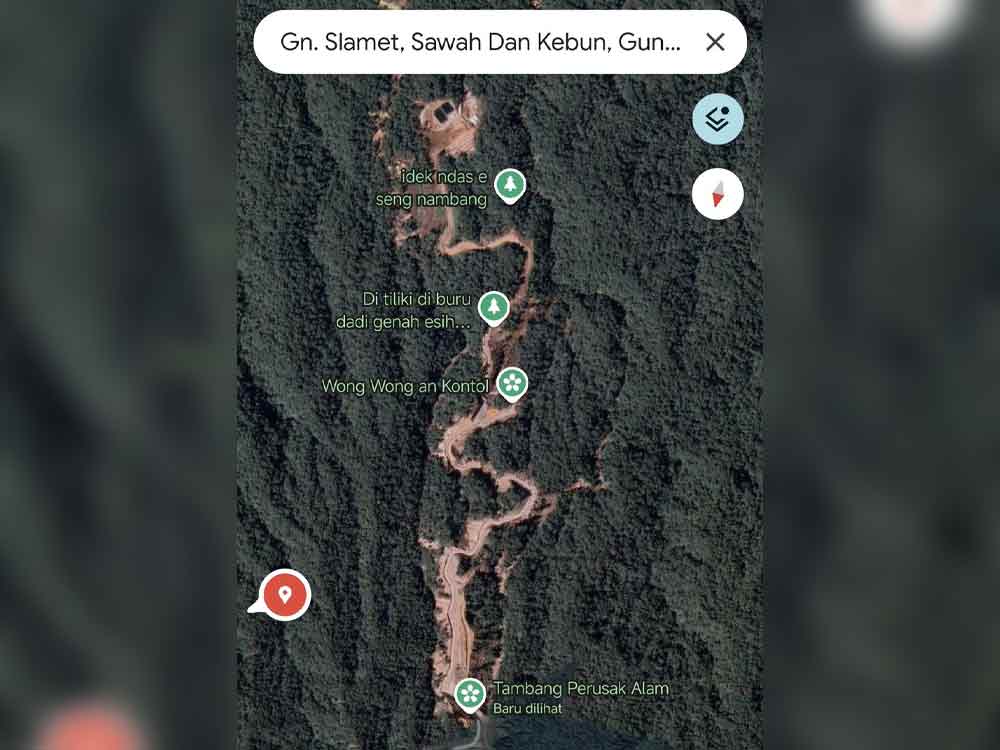 Sebuah foto tangkapan layar dari Google Maps yang ramai diunggah netizen X karena ditemukan kawasan yang gundul akibat kegiatan tambang di lereng Gunung Slamet. Foto: Tangkapan layar.