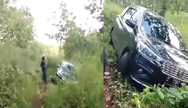 Mobil Suzuki Ertiga bernopol S 1587 XH tersesat ke dalam hutan gara-gara mengikuti Google Maps.
