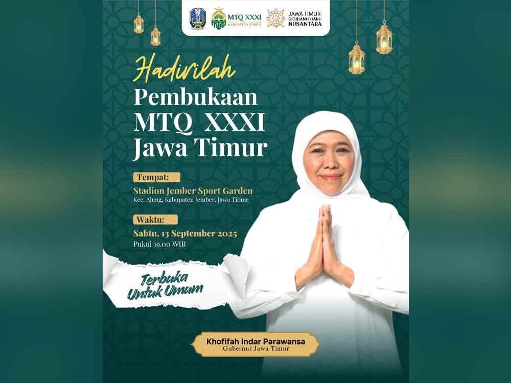 Gubernur Jatim, Khofifah Indar Parawansa akan membuka acara MTQ XXXI Jatim tahun 2025 malam ini, Sabtu (13/9/2025). 