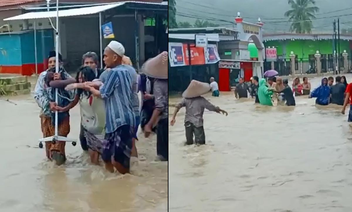 Proses evakuasi pasien Klinik dr Fajar Habibi di Kecamatan Pasean akibat banjir. 