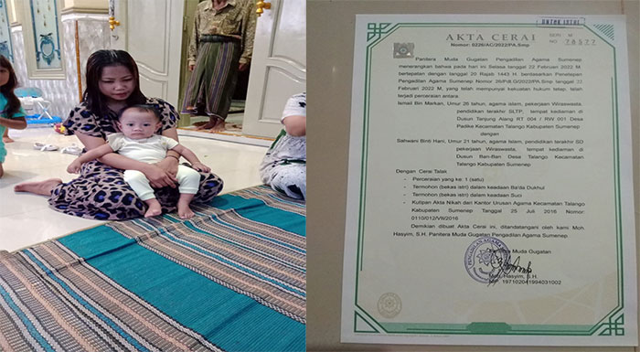Sahwani saat mengendong anaknya dan akta cerai yang terlampir.