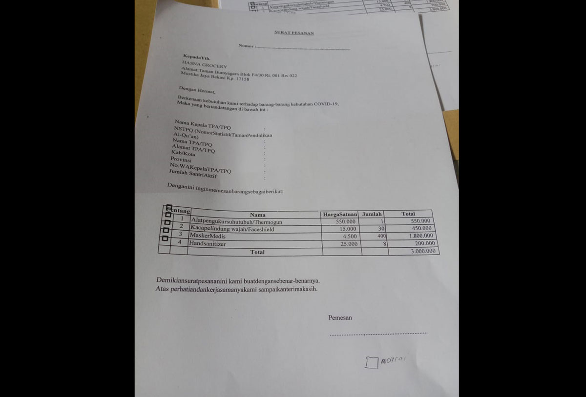 Surat orderan APD yang harus diisi dan ditandangani penerima BOP.
